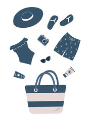 Beach accessories falling into a beach bag. Blue swimsuit, swimming trunks, hat, sunglasses, flip flops, sunscreen, camera. Hello Summer Concept. Vector illustration on white