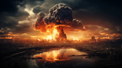 Large nuclear explosion in the city, great destruction, ruins, abandoned city.