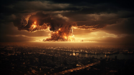 Fototapeta premium Large nuclear explosion in the city, great destruction, ruins, abandoned city.