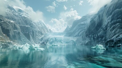 A photorealistic image of a majestic glacier calving into a turquoise glacial lake. Chunks of ice crash into the water, sending up sprays of mist. The surrounding mountains are reflected in the still  - obrazy, fototapety, plakaty