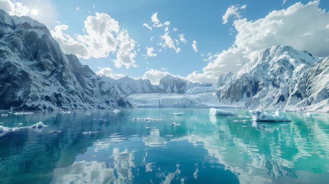A photorealistic image of a majestic glacier calving into a turquoise glacial lake. Chunks of ice crash into the water, sending up sprays of mist. The surrounding mountains are reflected in the still 