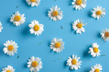 Sunny chamomile flowers isolated on blue background. view from above. generative ai