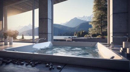 Modern jacuzzi at home, luxurious bathtub 