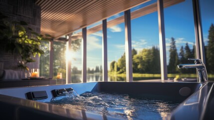 Fototapeta premium Modern jacuzzi at home, luxurious bathtub 