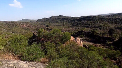 Stones and mud Mountains Natural plants Trees Forests Difficult paths Roads Hills Peaks Historic sites Old forts Walls Bricks Blue sky Grass Herbs Sand Rocks Fog Cold weather Whiteness