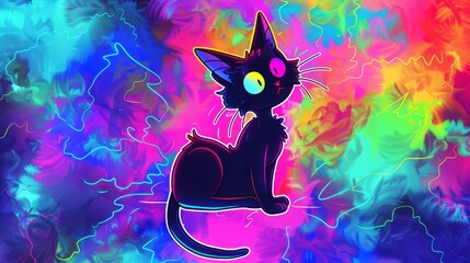   A black cat sits in front of a multicolored background, not featuring another cat on its back