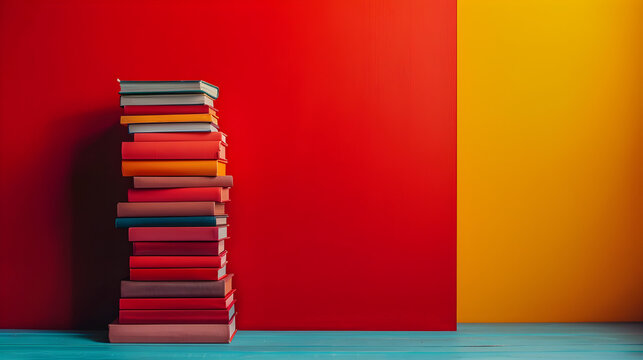 Front view of a stock of books on a minimalistic background, perfect for world book day background or any educational or literary content.