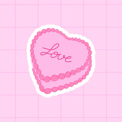 Cute pink heart shaped cake with word love. Vector flat illustration sticker on checkered background. Valentine's day or birthday holiday concept