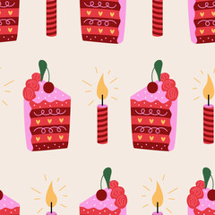 Seamless pattern with colorful pieces of cakes, cherries and candles. Vector flat background. Birthday holiday concept	