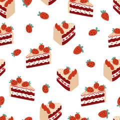 Seamless pattern with strawberries and slices of cakes. Vector flat background