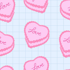 Cute seamless pattern with pink heart shaped cakes and word love. Vector flat background