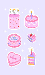 Sticker set of pink birthday cakes and candles. Vector flat illustration for greetings and holidays