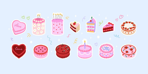 Sticker set of various cakes. Cute cakes with hearts, flowers, strawberries, cherries, candles etc.  Vector flat illustrations for greetings, birthdays and holidays