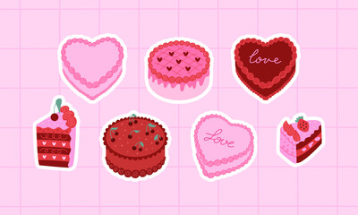 Set of stickers with various pink and red cakes. Vector flat illustration. Cakes with hearts, cherries and strawberry on checkered background