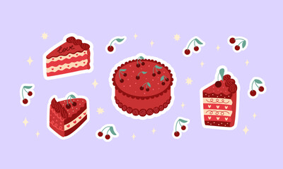 Sticker set with red cakes and cherries. Vector flat illustration of berries and slices of cakes