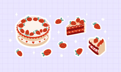 Cakes with strawberries vector illustration. Set of flat stickers with cute cakes, slices and berries on checkered background
