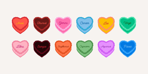 Set of colorful heart shaped cakes with zodiac signs. Vector flat illustration
