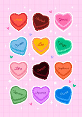 Cute and colorful sticker set of heart shaped cakes. Vector flat illustration of astrology zodiac signs cakes
