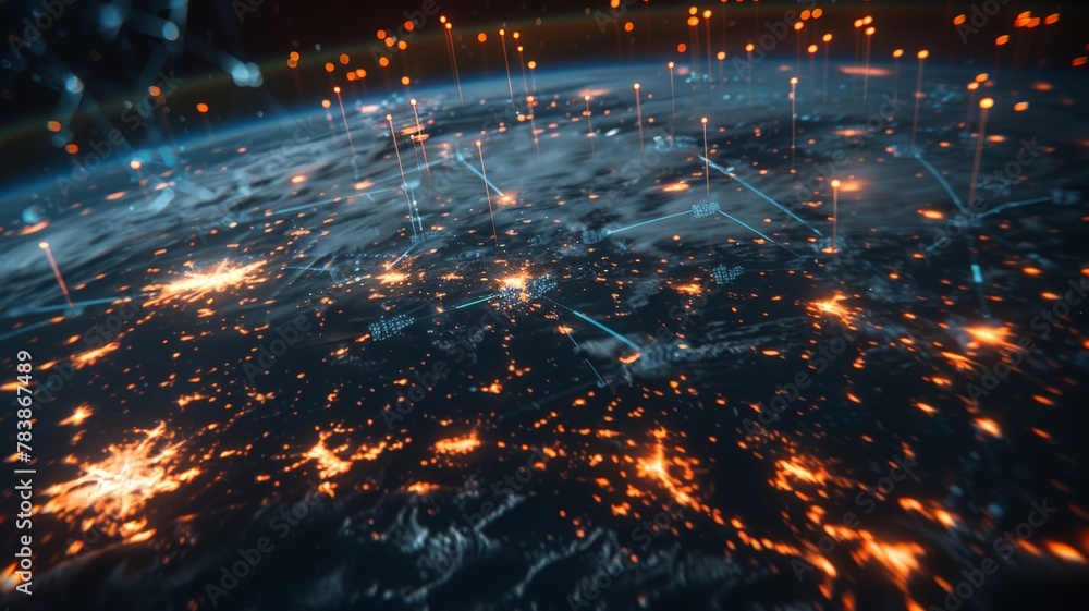 Poster a wireframe globe of the earth, with data points and connections visualized as glowing lines.