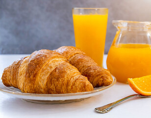 A plate of croissants and a glass of orange juice. The plate is on a table and the glass is next to it