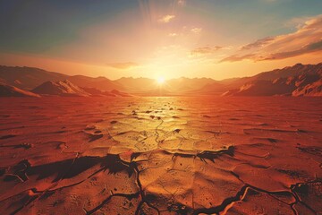 A vast desert landscape at sunset, with towering red sand dunes casting long shadows across the cracked earth.3D rendering.