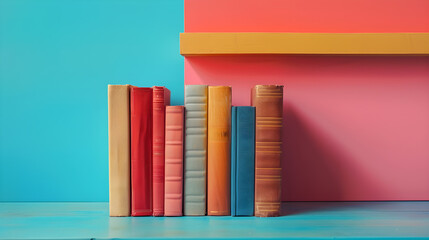 Front view of stock of books on minimalistic background or stock of books for world book day