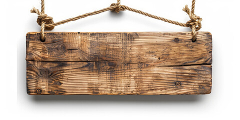 Wooden sign hanging on rope against a white background, old wooden sign