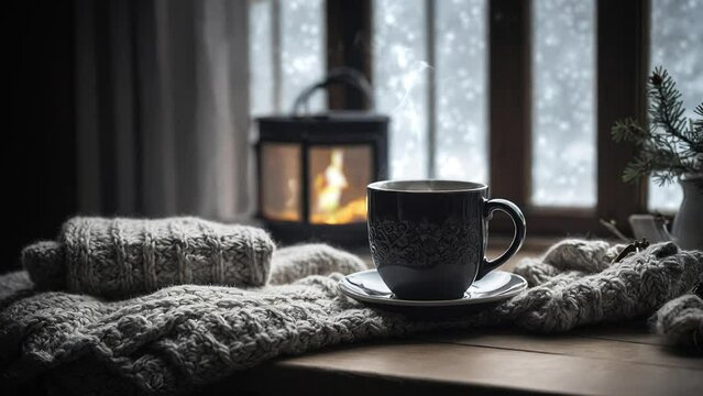 Hot coffee cup knitted pillow by window in winter snowfall