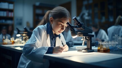 schoolgirl experimenting on microscope in laboratory  - Powered by Adobe