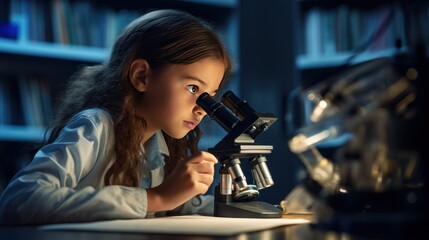 schoolgirl experimenting on microscope in laboratory 