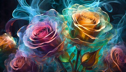 digital smoke art, transparent colorful roses made of tinted glass on a dark background, ethereal