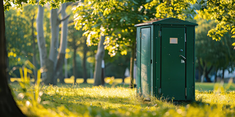 Biotoilet stall outside in the park, nobody. Improvement of public area, green public toilets.