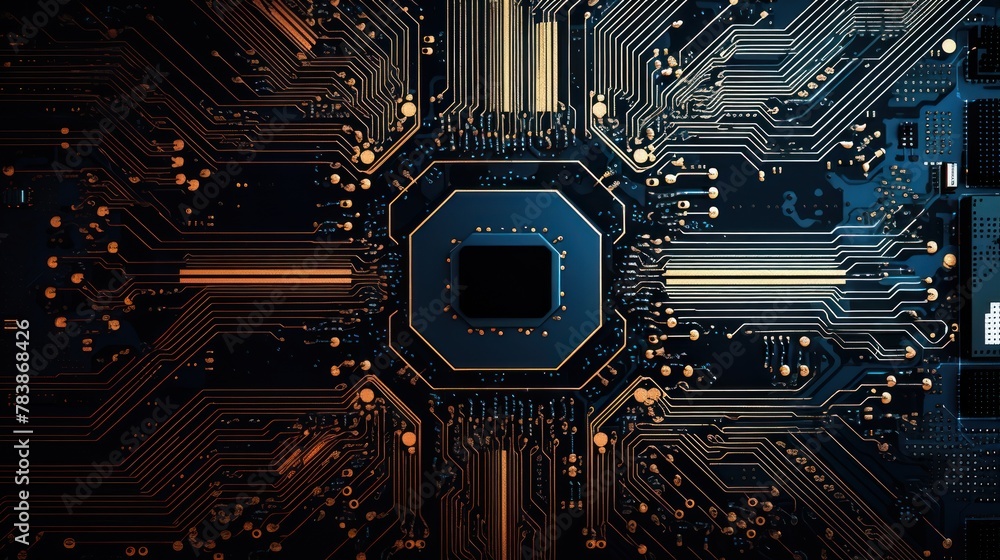 Poster top-down view. modern technology circuit board texture background design.