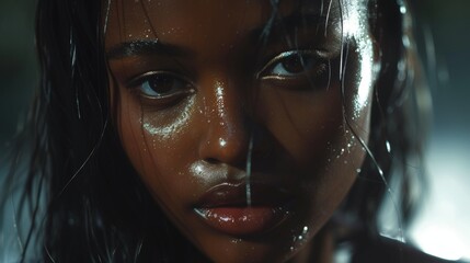 Close up of beautiful young woman. Arrows, glowing dark skin, wet lip gloss. Beauty and sensuality, portrait, face, fashion, woman, female, skin, makeup, young, model, style