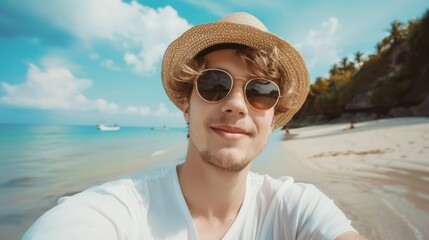 close-up shot of a good-looking male tourist. Enjoy free time outdoors near the sea on the beach. Looking at the camera while relaxing on a clear day Poses for travel selfies smiling happy tropical