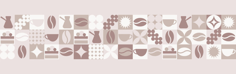 Coffee seamless background for textile and wallpaper with geometric shapes and coffee beans. Fashionable splash template with a cup in brown and green tones. - 783868602