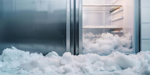 Open silver refrigerator freezer door with snow inside. Defrosting of the freezer, appearance of snow in the refrigerator.