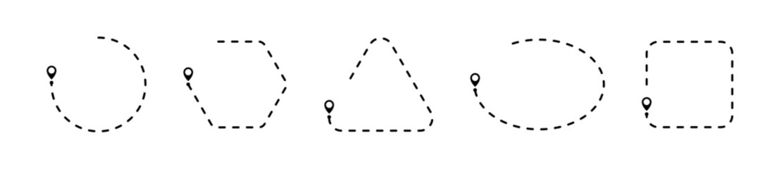 Line path. Dotted path. Line routes set. Linear Route. Dotted pathway.  Tracking path, way, map, road. v