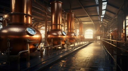 Beverage production concept, a brewery with copper kettles