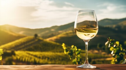 Wine glass with pouring white wine and vineyard landscape 