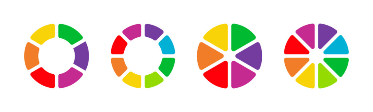 Color wheels. Colour wheel spectrum. Circle palette. Multicolored circle flat template.  Multicolored circle palette