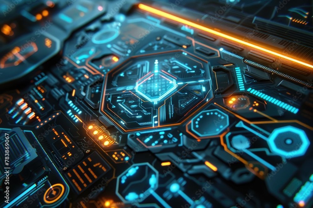 Poster a futuristic interface with hexagonal buttons and holographic displays