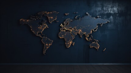 world map in a dark room with lights and a black background