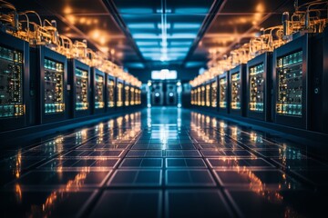 A man stands in a dark server room, gazing at a laptop, surrounded by electric blue technology, glass walls, and metallic machines