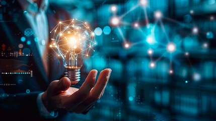 Businessman holding a light bulb in his hands, symbol of a new innovative idea of business technology, financial marketing network, profit planning strategy, developing analytical solutions - obrazy, fototapety, plakaty