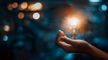 Businessman holding a light bulb in his hands, symbol of a new innovative idea of business technology, financial marketing network, profit planning strategy, developing analytical solutions