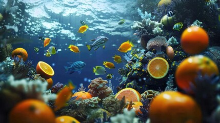 Fototapeta na wymiar An underwater scene with fish swimming around floating citrus fruits as if they are coral reefs