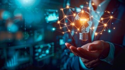 Businessman holding a light bulb in his hands, symbol of a new innovative idea of business technology, financial marketing network, profit planning strategy, developing analytical solutions