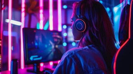 Obraz premium pro gamer man in headphones live streaming while playing online computer game, neon lights, esports, gaming, monitor, play, young, player, internet, enjoyment, cyber,.