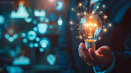 Businessman holding a light bulb in his hands, symbol of a new innovative idea of business technology, financial marketing network, profit planning strategy, developing analytical solutions - obrazy, fototapety, plakaty